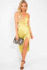 Lime Wrap Tie Side Satin Midi Skirt - Mailah