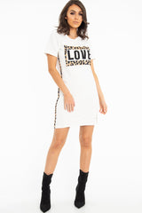 White Love Slogan Leopard Midi T-shirt Dress - Kloie