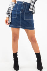 Dark Wash Contrast Stitch Denim Mini Skirt - Remee