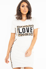 White Love Slogan Leopard Midi T-shirt Dress - Kloie
