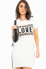 White Love Slogan Leopard Midi T-shirt Dress - Kloie