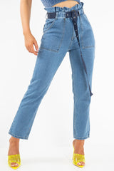 Light Wash Eyelet Belted Paper Bag Mom Jeans - Myli