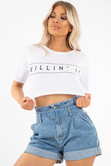White Killin' It Print Crop Crew Neck T-Shirt - Jenny