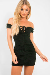 Green Glitter Ruched Slinky Lace Up Dress - Rosina