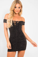 Black Glitter Ruched Slinky Lace Up Dress - Rosina