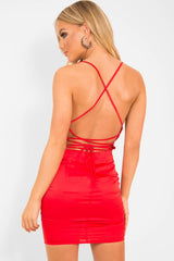 Red Satin Lace Up Mini Dress - Sira