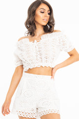 White Embroidered Flower Tie Front Crop Top - Garner