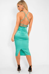 Turquoise Satin Cowl Neck Midi Bodycon Dress - Liliana