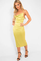 Lime Green Satin Cowl Neck Midi Bodycon Dress - Liliana