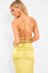 Lime Green Satin Cowl Neck Midi Bodycon Dress - Liliana