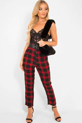 Red Check Belted Tapered Trousers - Reanne