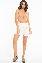White Flower Embroidered Belted Shorts  - Adely