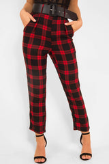 Red Check Belted Tapered Trousers - Reanne