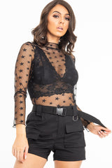 Black Star Mesh High Neck Long Sleeve Top - Shine