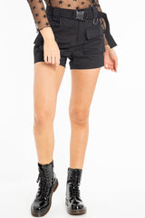 Black Buckle Front Woven Utility Shorts - Minh