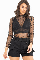 Black Star Mesh High Neck Long Sleeve Top - Shine