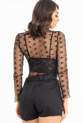 Black Star Mesh High Neck Long Sleeve Top - Shine