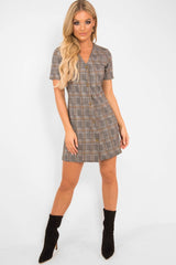 Brown Houndstooth Button Front Mini Dress - Heylee