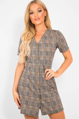 Brown Houndstooth Button Front Mini Dress - Heylee