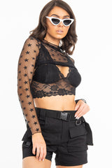 Black Star Mesh High Neck Long Sleeve Top - Shine