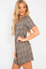 Brown Houndstooth Button Front Mini Dress - Heylee