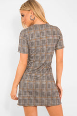 Brown Houndstooth Button Front Mini Dress - Heylee