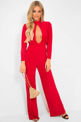 Red Keyhole Front Wide Leg Jumpsuit - Louna