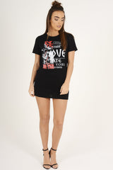 Black Distressed Back Graphic Print T Shirt Dress - Elle