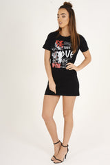 Black Distressed Back Graphic Print T Shirt Dress - Elle