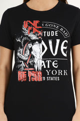 Black Distressed Back Graphic Print T Shirt Dress - Elle