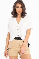 White Plunge Button Up Crop Blouse - Merina