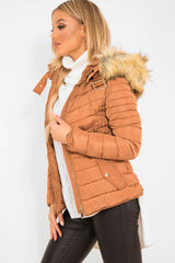Caramel Faux Fur Hood Gold Detail Puffer Coat - Rylah