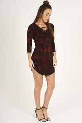 Red Tie Dye Long Sleeve Lace Up Dress - Ismi