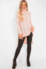 Pink Cable Knit Roll Neck Jumper - Laraina