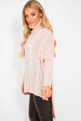 Pink Cable Knit Roll Neck Jumper - Laraina