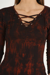 Red Tie Dye Long Sleeve Lace Up Dress - Ismi