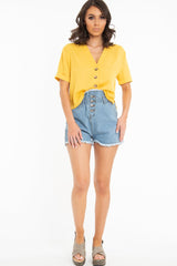 Light Denim High Waist Frilled Hem Paperbag Shorts - Raivyn