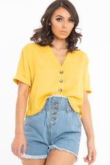 Mustard Plunge Button Up Crop Blouse - Merina