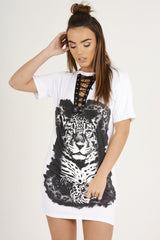 White Lace Up Tiger T-shirt Dress - Mali
