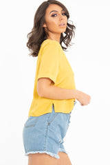 Mustard Plunge Button Up Crop Blouse - Merina