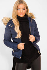Navy Padded Coat with Fur Trim Hood - Helena