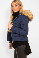 Navy Padded Coat with Fur Trim Hood - Helena