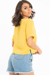 Mustard Plunge Button Up Crop Blouse - Merina