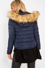 Navy Padded Coat with Fur Trim Hood - Helena