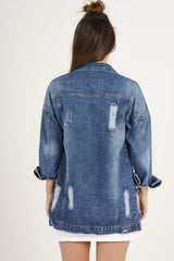 Dark Wash Pocket Studded Distressed Oversized Denim Jacket - Huda