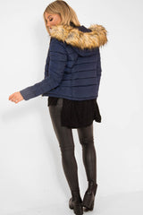 Navy Padded Coat with Fur Trim Hood - Helena