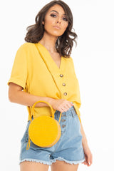 Mustard Plunge Button Up Crop Blouse - Merina