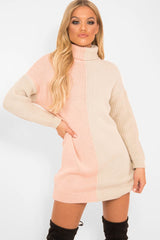Pink Beige Colour Block Roll Neck Jumper - Milie