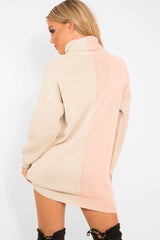 Pink Beige Colour Block Roll Neck Jumper - Milie