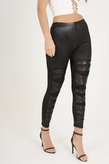 Black Wet Look Mesh Insert Leggings - Eliza